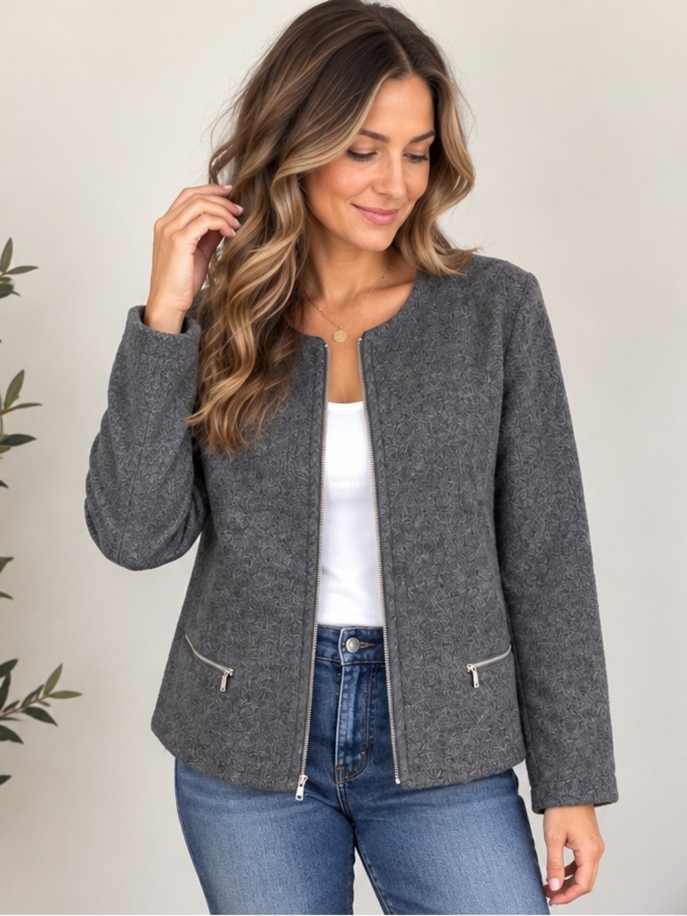 Charter Club Women L 100% Merino Wool Zip Front Jacket Cardigan Gray